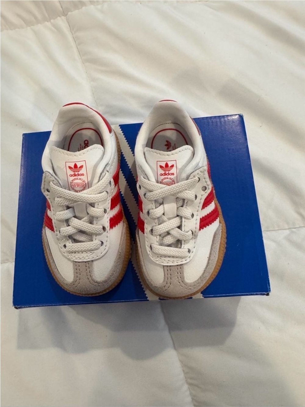 adidas Kids White Sneakers with Red Stripes and Gum Outsole